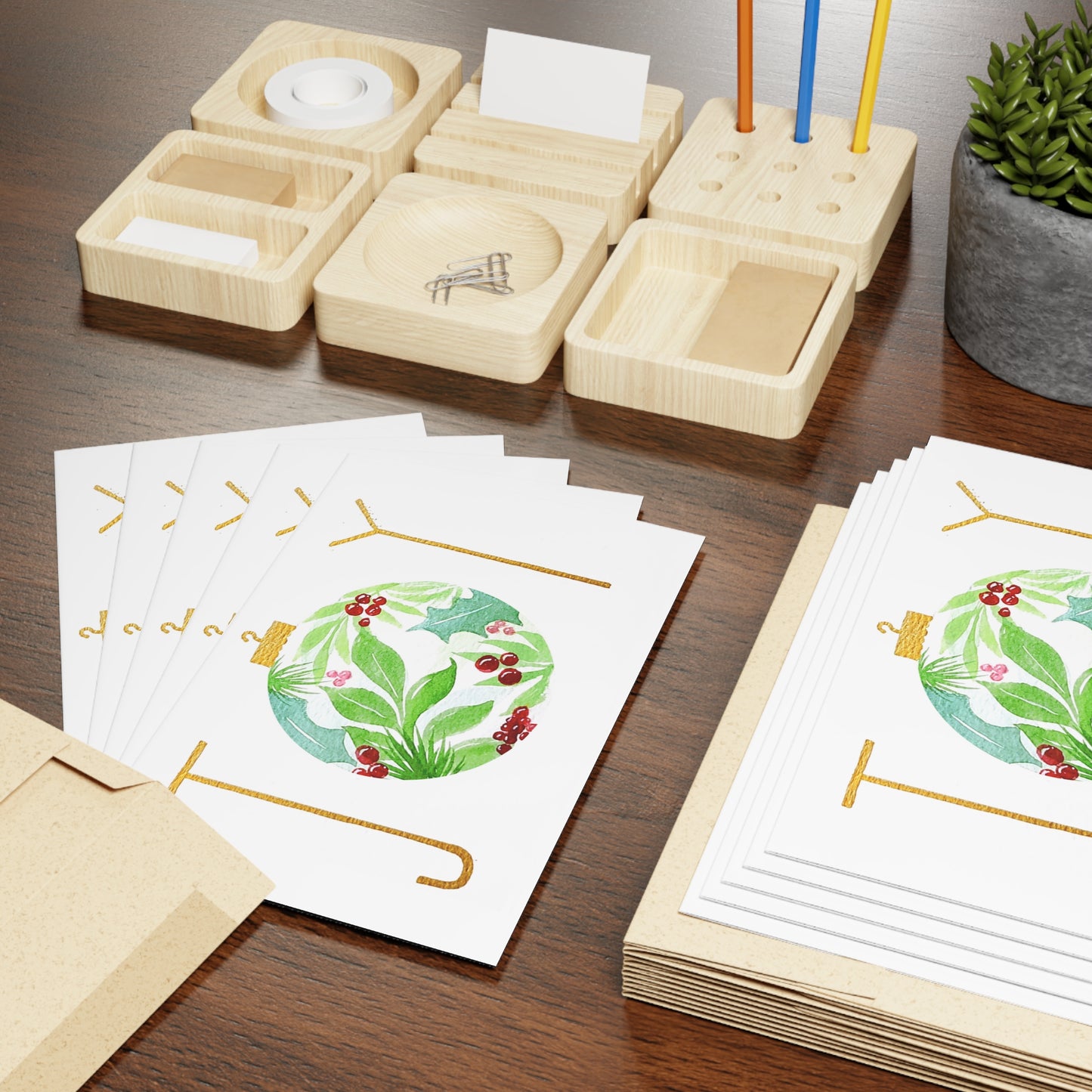 Greeting Cards (1-pc or 10-pk) - Watercolor "JOY" Ornament