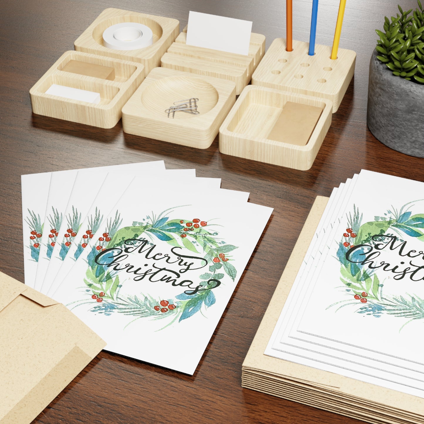 Greeting Cards (1-pc or 10-pk) - "Merry Christmas" Watercolor Wreath